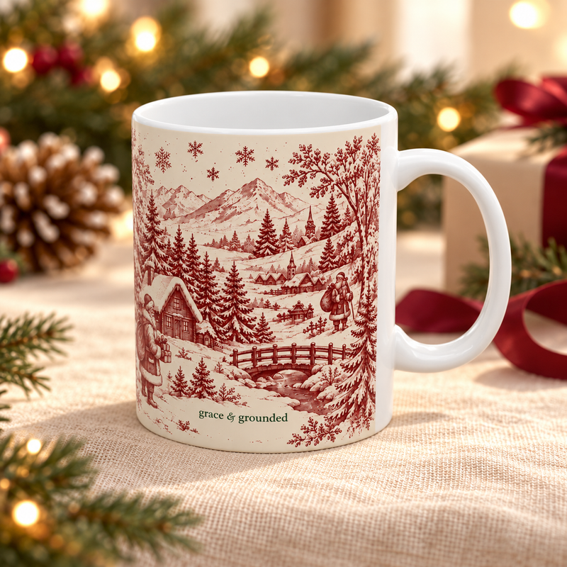 Burgundy Christmas Toile Mug — 11 oz