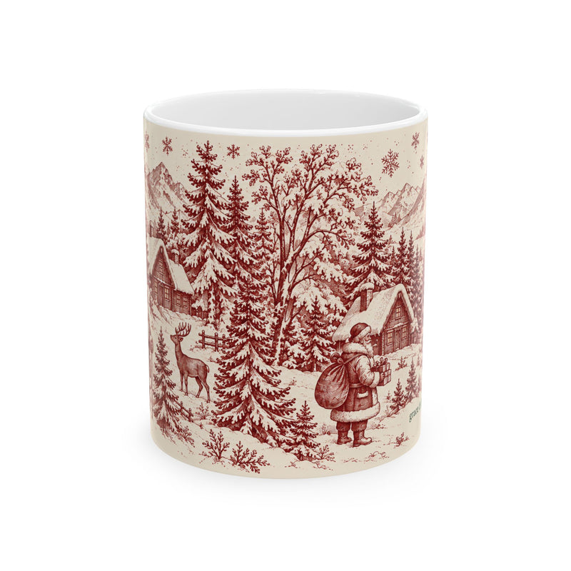 Burgundy Christmas Toile Mug — 11 oz