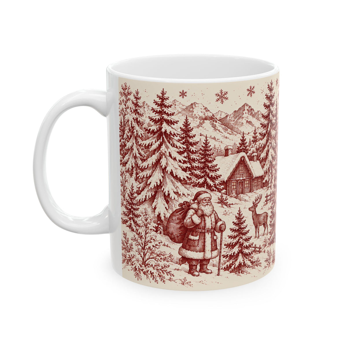 Burgundy Christmas Toile Mug — 11 oz