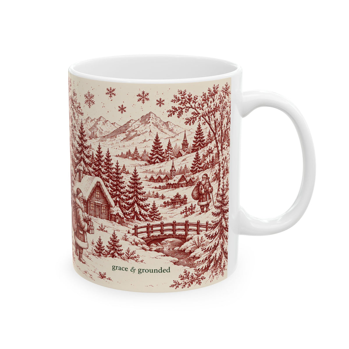 Burgundy Christmas Toile Mug — 11 oz