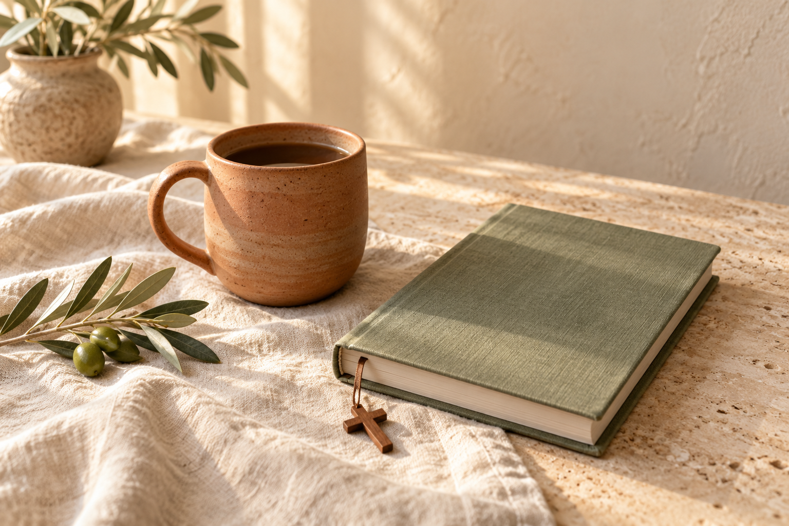 A quiet moment with a journal, ceramic mug, wooden cross bookmark, and olive branch